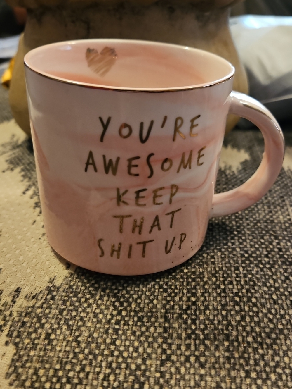 Pink Marble Ceramic Mug with Gold Text - Motivational Message